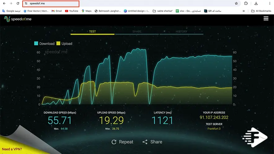 تست سرعت اینترنت از طریق سایت Speedof.me​